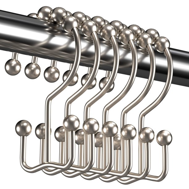 Ganchos para cortina de ducha, anillos para cortina de ducha, ganchos de metal a prueba de óxido, anillos de deslizamiento doble para barras de ducha de baño, cortinas, juego de 12 ganchos, níquel