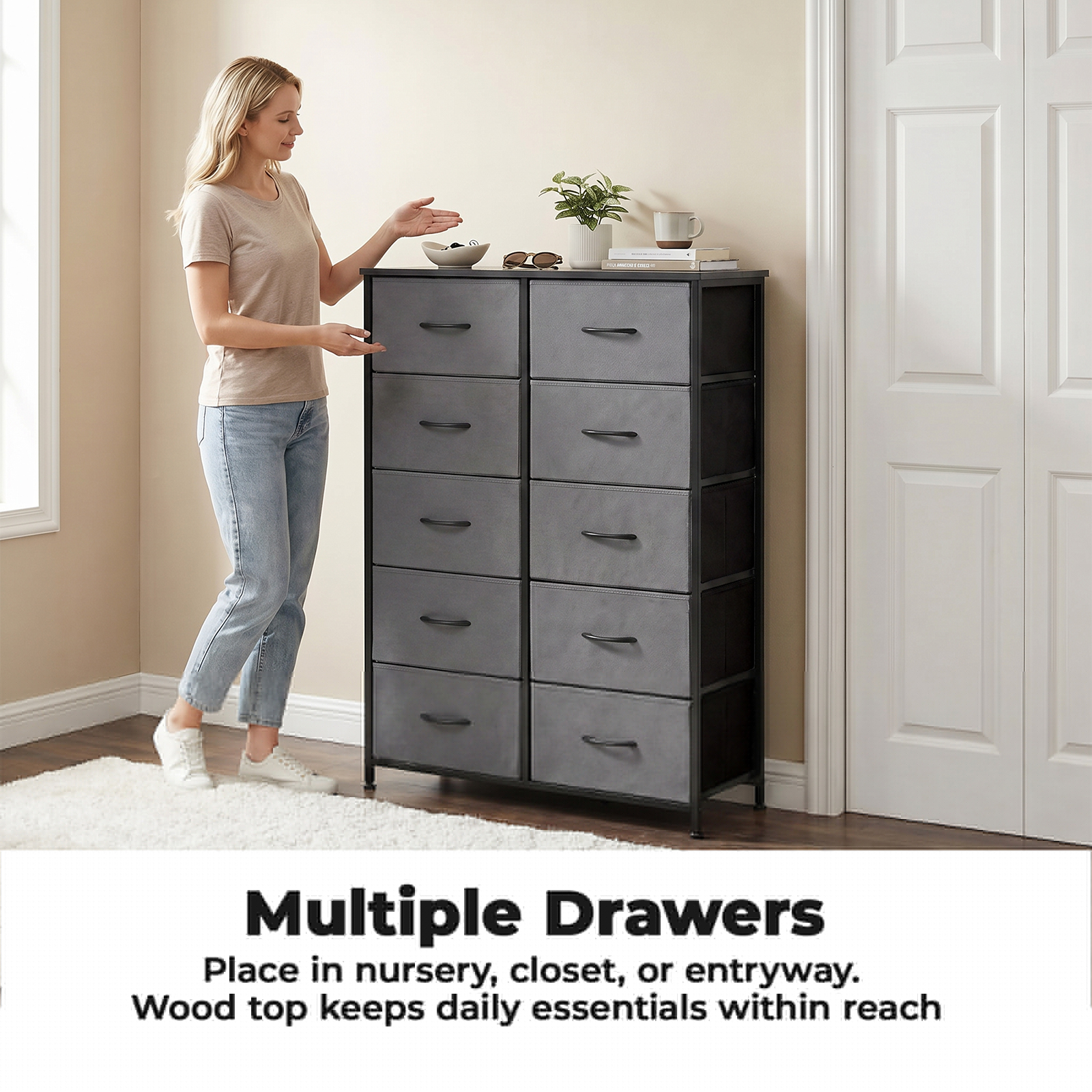 Alvantor Tall Dresser Fabric Storage Tower ,Wooden Top for Kid Room, Closet, Entryway, Nursery