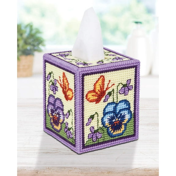 Mary Maxim Tea Time Pansy Tissue Box Cover Plastic Canvas Kit
