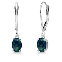 Gem Stone King 14K White Gold Simulated Green Opal Earrings for Women | 1.00 Cttw | Gemstone October Birthstone | Oval Cabochon 6X4MM