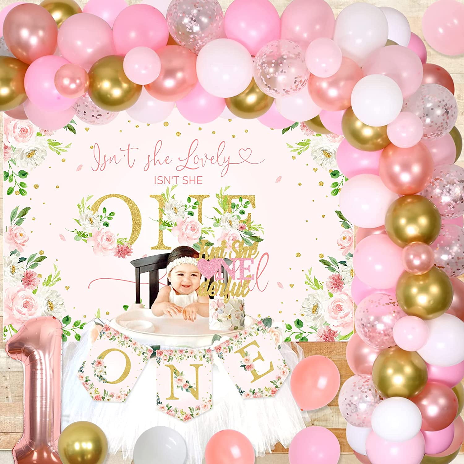 Baby Girl 1st Floral Birthday Decorations, Isn't She Lovely Isn't She Onederful Boho Floral Backdrop Pink, Rose Balloon Garland Arch One Highchair Banner for Baby Girls 1st Birthday Party