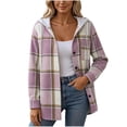 thumbnail image 2 of Bzdzmqm Womens Fall Winter Hooded Plaid Shacket Button Down Casual Loose Long Sleeve Oversized Coat for Women Trendy Outerwear with Pockets for Daily Wear, Purple XL, 2 of 6