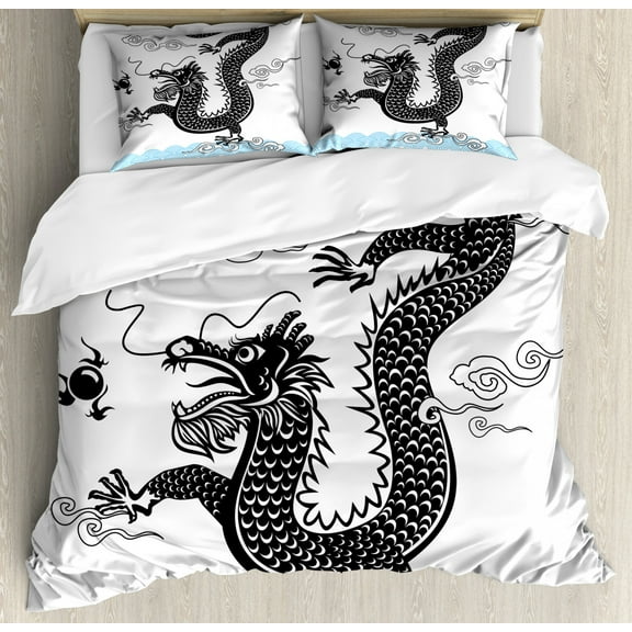 Dragon Duvet Cover Set King Size, Funny Traditional Chinese Dragon at Sea Waves with Sacred Calligraphy Ethnic Print, Decorative 3 Piece Bedding Set with 2 Pillow Shams, Multicolor, by Ambesonne