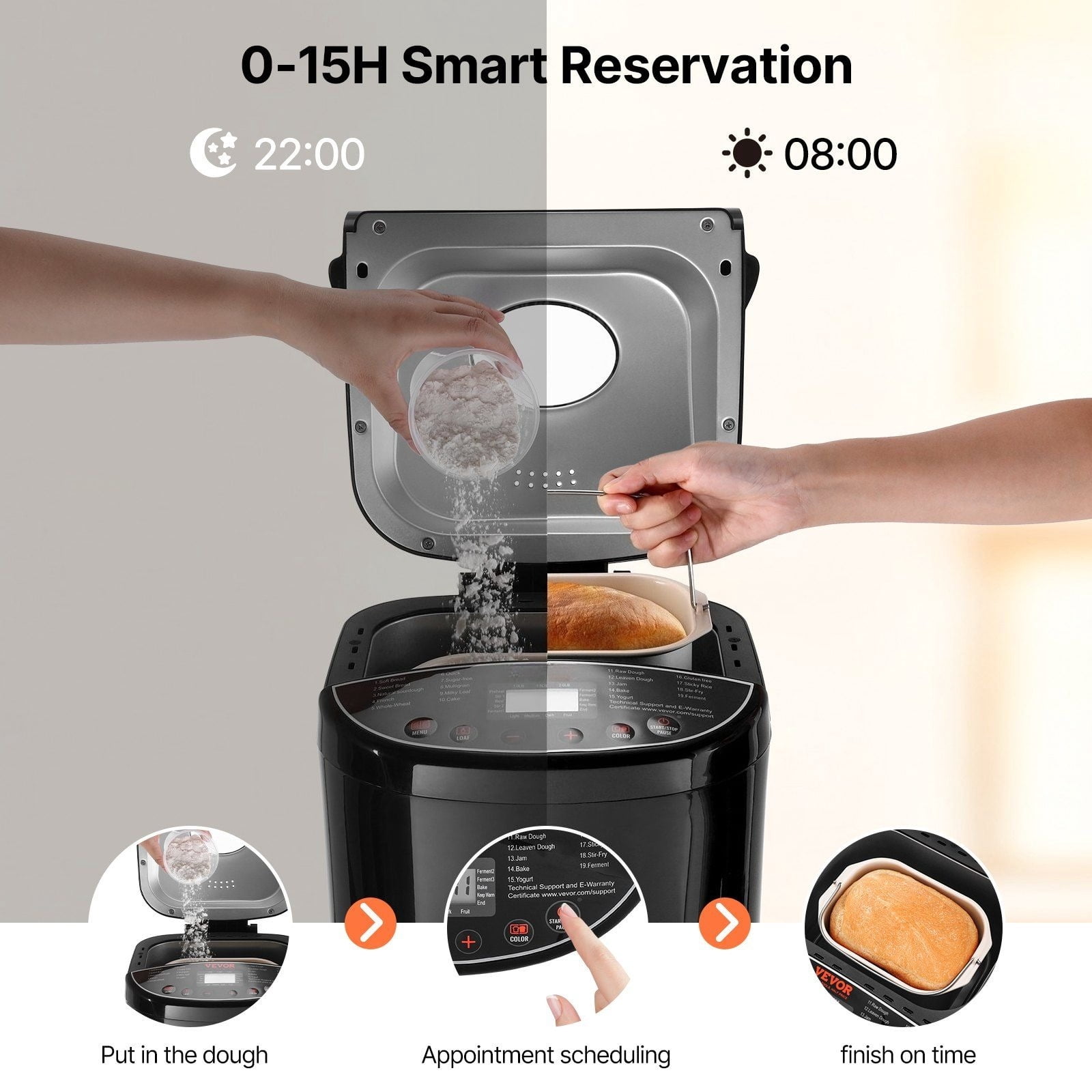 19 in 1 bread maker, 2 lbs of dough, gluten free, ceramic non-stick pan, programmable 3 bread sizes and 3 crust colors