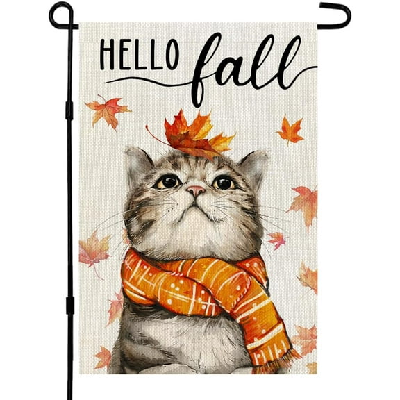 Shmbada Hello Fall Cat Garden Flag 12x18 Inch Double Sided for Outside Small Burlap Autumn Holiday Yard Decoration