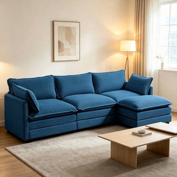 Zriang Modular Sectional Cloud Couch with Movable Ottoman, 4-Seat Modern Corduroy Sofa, Deep Seat L-Shaped Couch for Living Room Bedroom Apartment, Navy