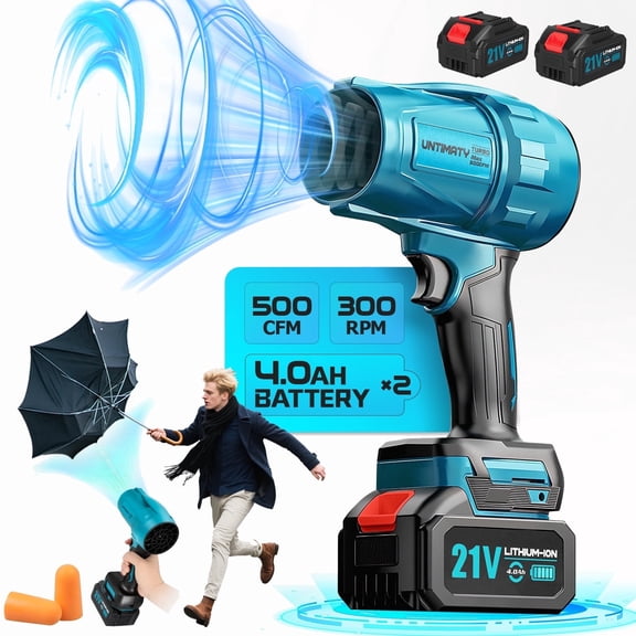 UNTIMATY 500 CFM Cordless Leaf Blower for Lawn Care 300K RPM Battery Leaf Blower Leaf Blower with 2 x 4.0Ah Battery, Charger, Stepless Speed Adjustment,No Tube