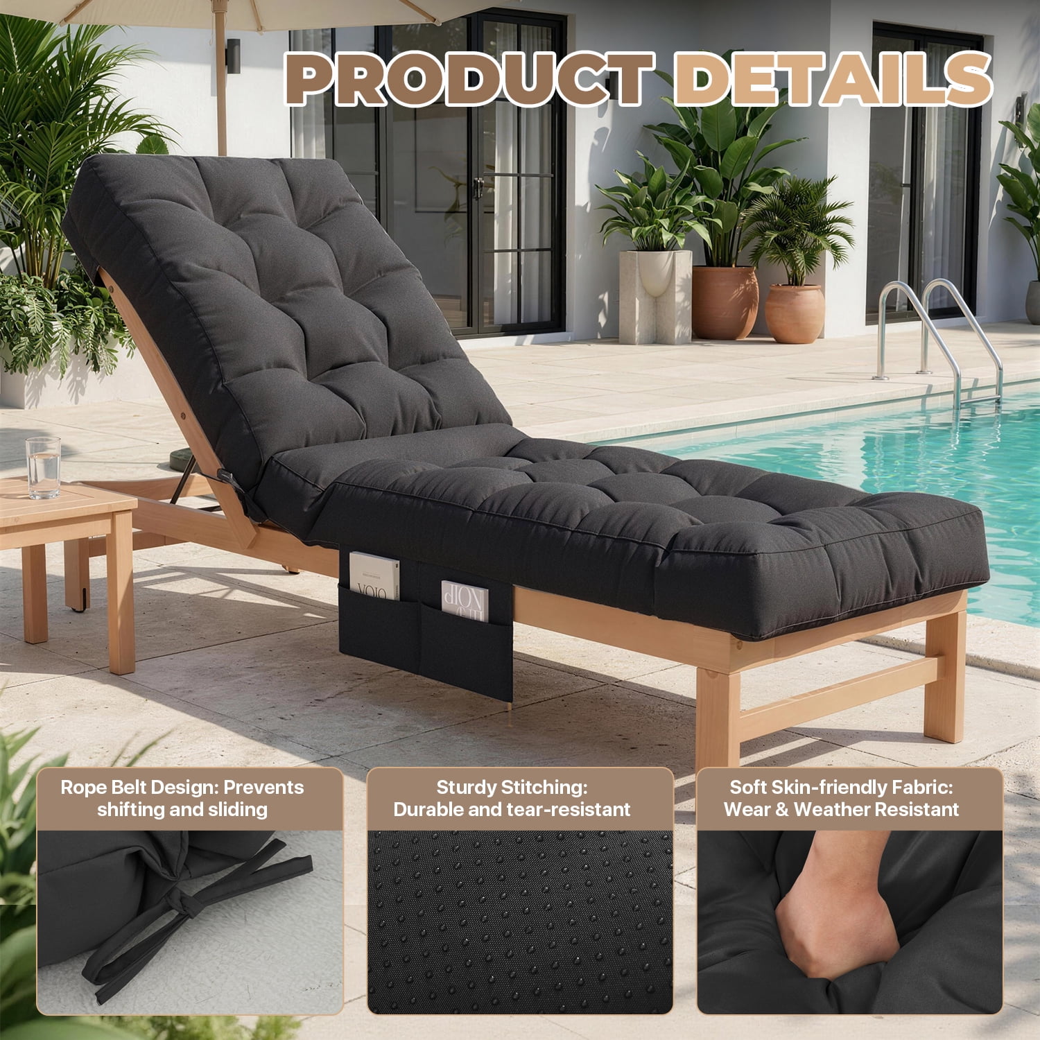 BaPiPro Black Outdoor Chaise Lounge Cushion with Side Pocket, Triple Non-Slip Fixation, All-Weather Durable & Soft Fabric, Thickened Padding, Ideal for Patio and Poolside Use