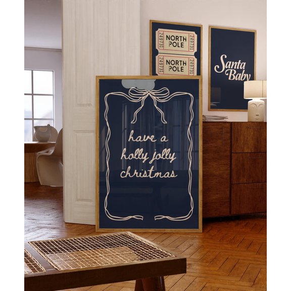 369 Prints have A Holly Jolly Christmas Print, Coquette Bow Wall Art, Cute Hand Drawn Holidays Poster, Navy Blue Xmas, Poster Only