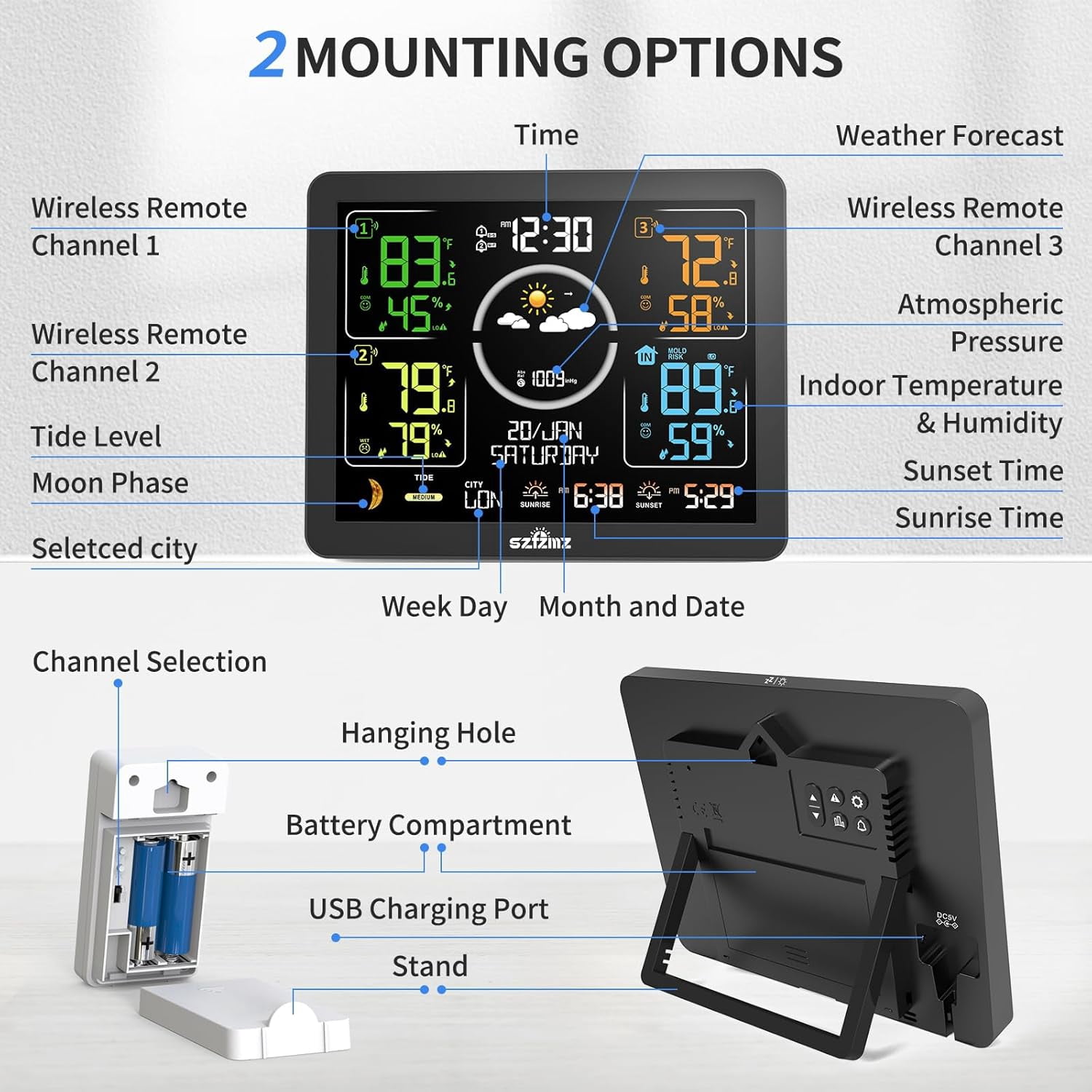 Weather Station Indoor Outdoor Thermometer Wireless with Multiple Sensors, VA Color Display Atomic Clock, Weather Forecast, Temperature, Humidity, and Adjustable Backlight