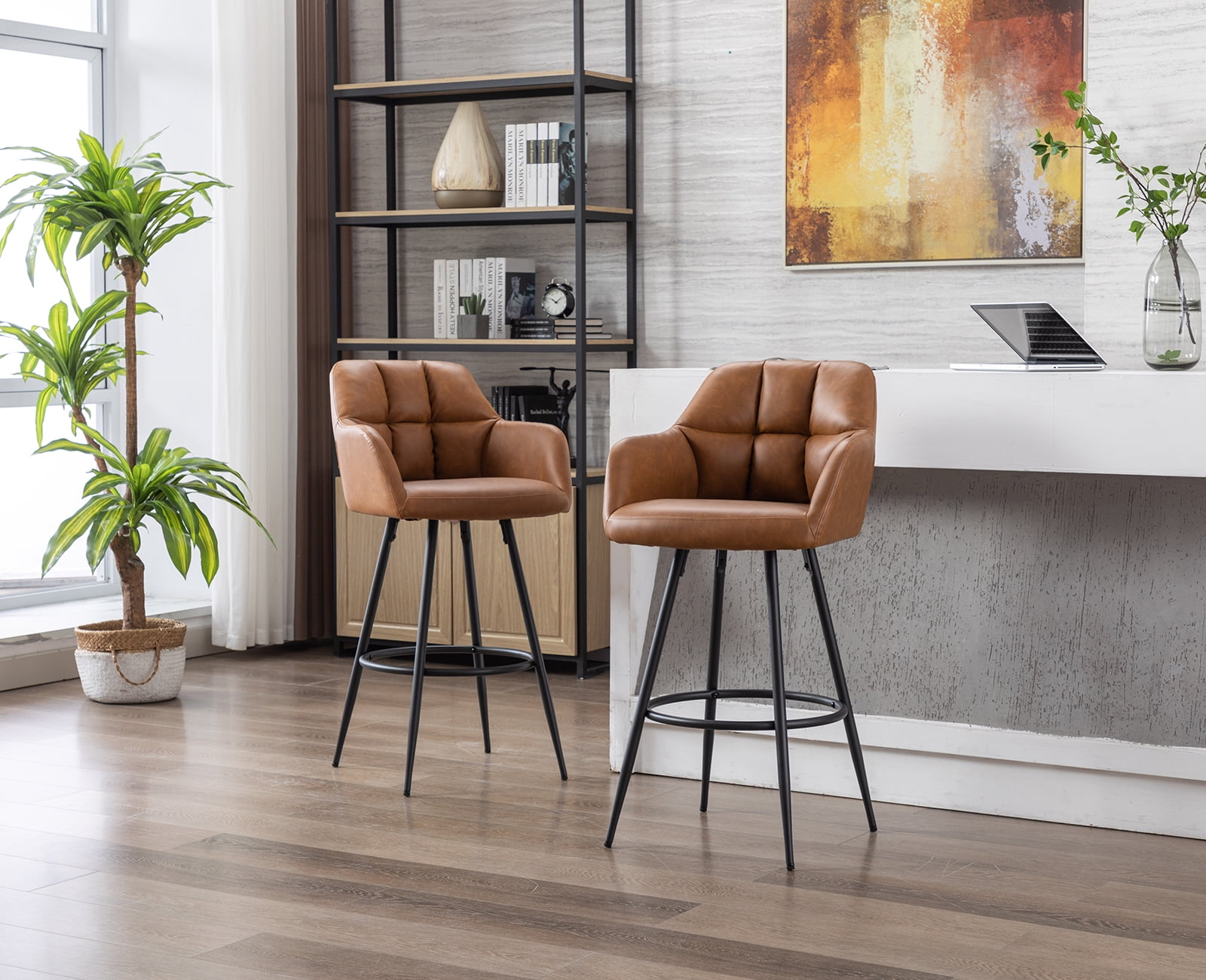 Guyou Modern 30"Counter Height Stool Set of 2, Faux Leather Upholstered Bar Stool Island Stool with Backrest and Metal Base for Kitchen Island Restaurant Bar, Brown