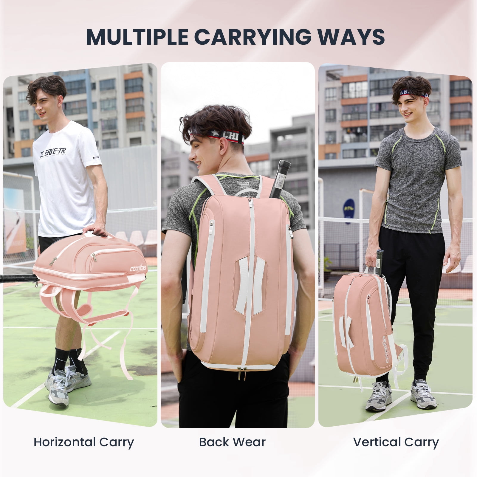 CCGTIOR Multi-Use Beach Tennis Bag For Sport Convertible Padel Backpack - Laptop Sleeve, Ball Sleeve, Fence Hook, Easy Access,Shoe Compartment (Pink)