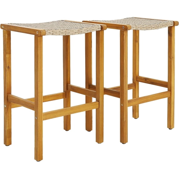 QHTER Outdoor Bar Stools Set of 2, 30-inch Height Backless Bar Chairs with Acacia Wood Frame, PE Wicker Saddle Seat, Footrest, Patio 2-Pack Bar High Stools for Garden Porch Poolside Backyard
