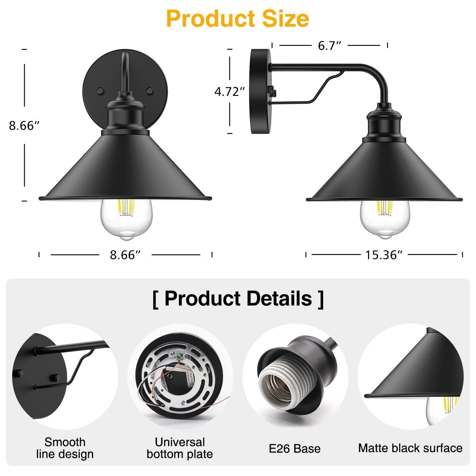 Outdoor Wall Lights - 2 Pack Matte Black Modern Farmhouse Wall Sconces for House & Porch, Classic Barn Light Fixtures, Indoor & Outdoor E26 Socket