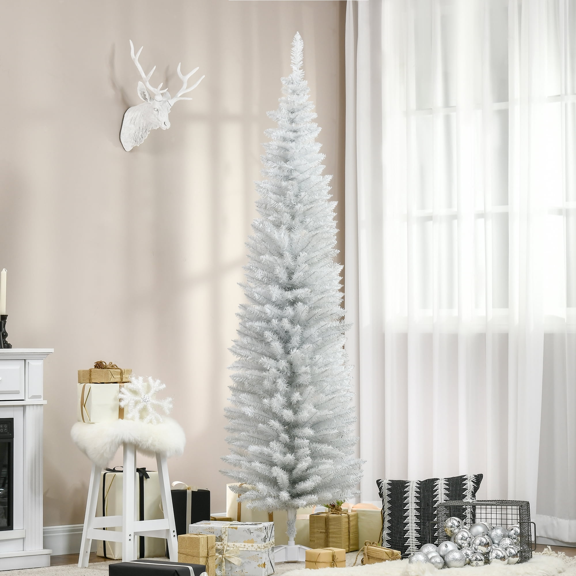 7ft Unlit Pencil Christmas Tree 499 Tips Easy Assembly Plastic Base Small Space Holiday Decor