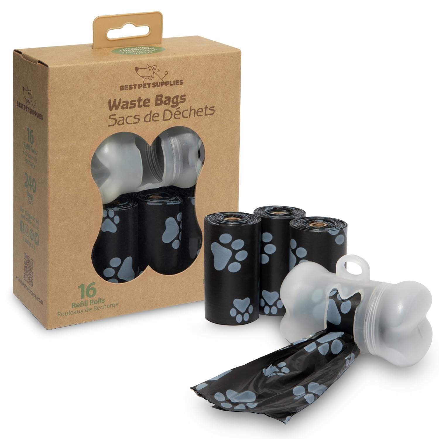 Best Pet Supplies Dog Poop Bags (240 Bags) for Waste Refuse Cleanup, Doggy Roll Replacements for Outdoor Puppy Walking and Travel, Leak Proof and Tear Resistant, Thick Plastic - Black