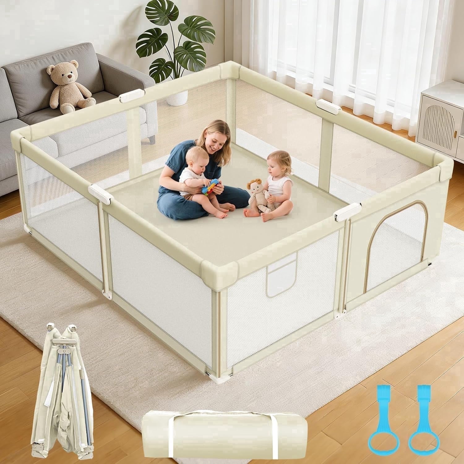 Extra Large Foldable Baby Playpen, Collapsible & Portable Kids Safety Play Pen, Indoor & Outdoor Activity Center for Toddlers, 79"x71", Beige