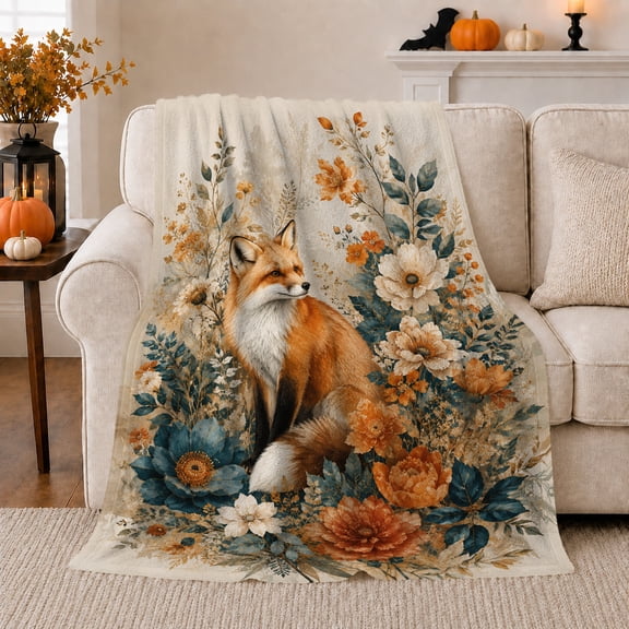 Red Fox Teal Orange Floral Scene in Vintage Painterly Style for Woodland Fox Fans, Warm Botanical Mood, Cozy Flannel Blanket for Bedroom and Cabin, Birthday Gift, Nature Home Decor
