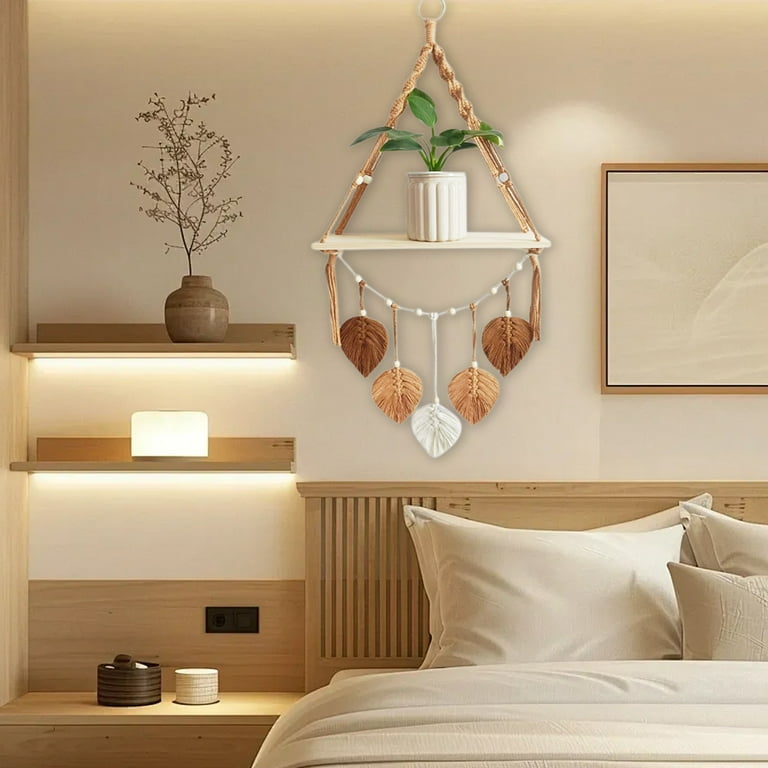 Woven Hanging Plant Shelf Floating Wooden Wall Rack for Indoor Plants,  Flowerpots, Decor Display, Boho Bedroom, Kitchen Storage, Bathroom Decor,  Macrame Tassel Style - Walmart.com