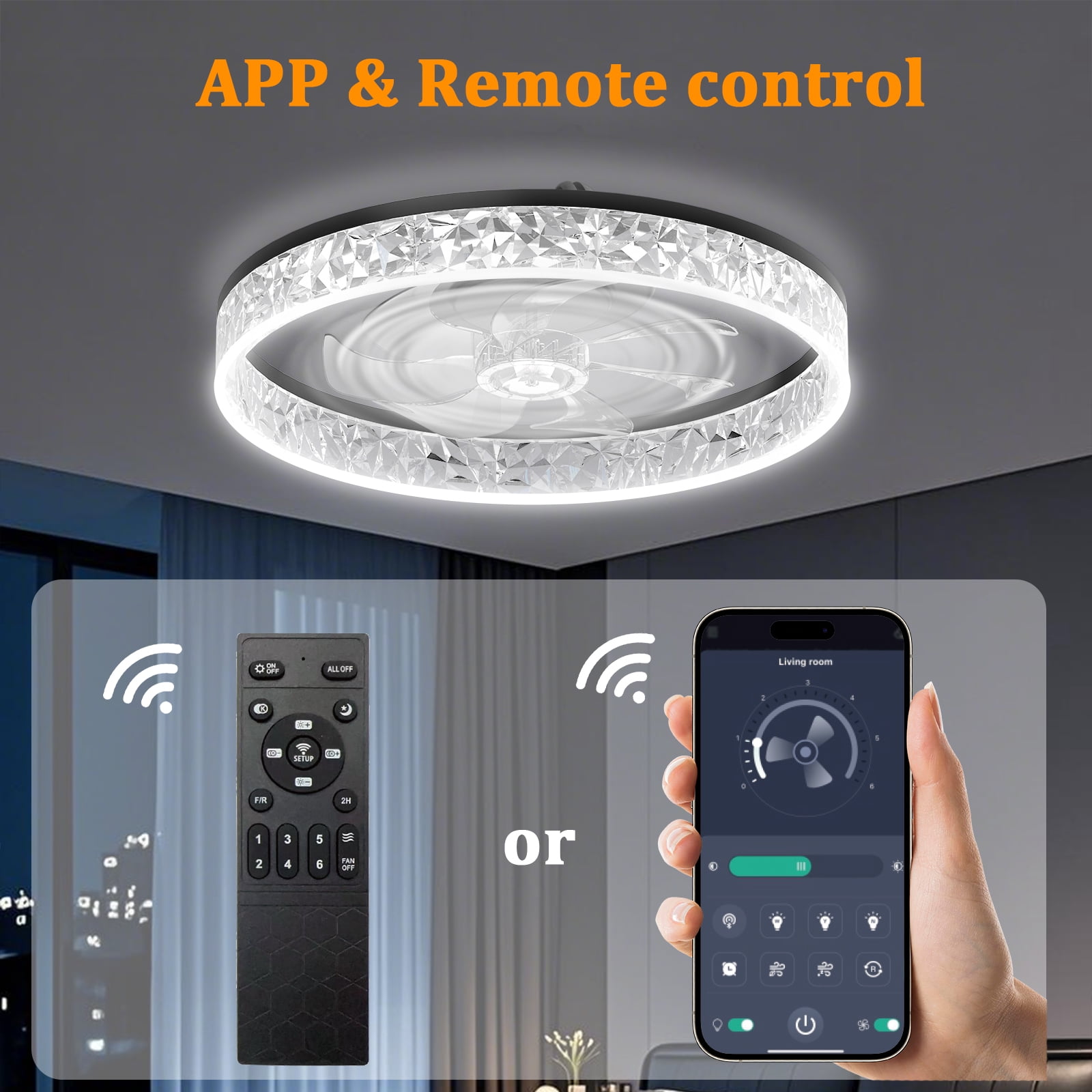 Heystop Ceiling fan with light, 3-color adjustable LED, 6-speed wind speed, remote control or APP control, bi-directional conversion motor, suitable for living room bedroom decoration
