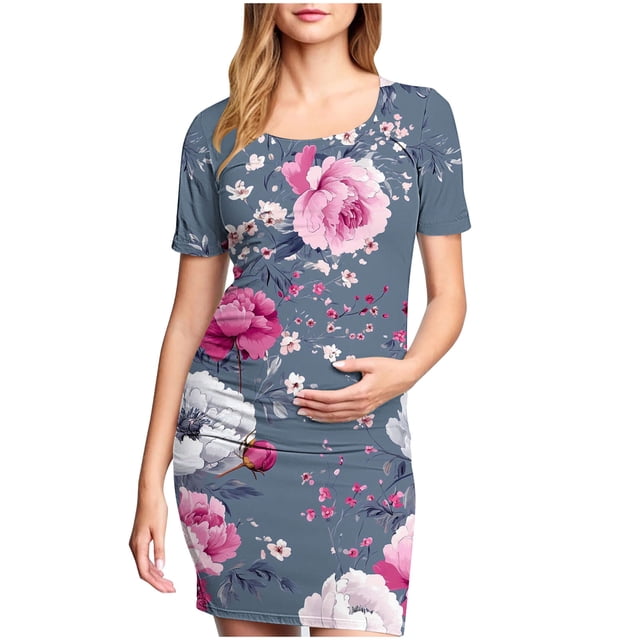 yoeyez Robes de Maternité pour Femmes Rose à Manches Courtes Col Rond Robe à Imprimé Floral Robes de Maternité Formelles de Fête Vêtements de Grossesse en Solde Multicolore,m