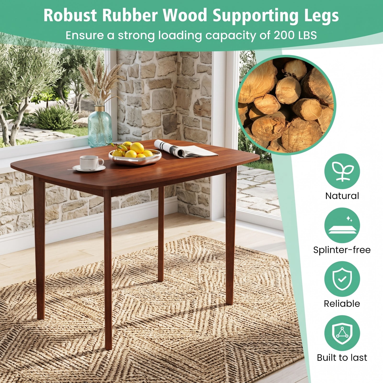 Furnibear Wooden Dining Table for 2-4 People, Rectangular Kitchen Table with Rubber Wood Legs, Space-Saving Dinner Table for Small Apartment, Kitchen, Dining, Walnut