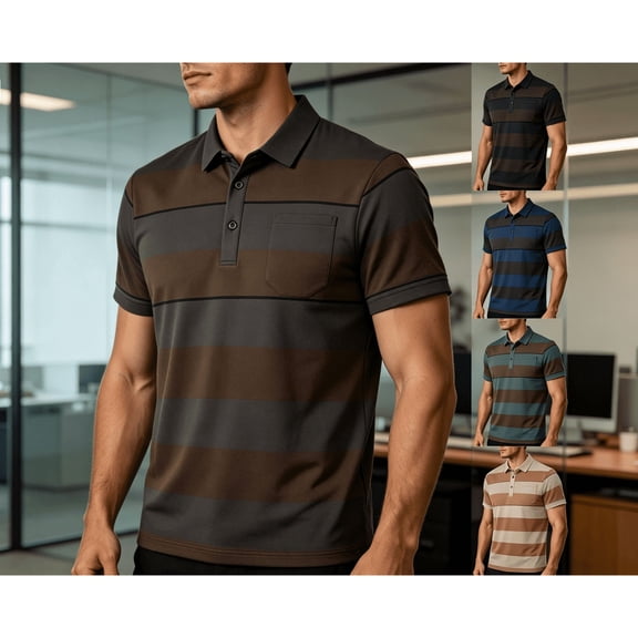 Mens Striped Polo Shirts Short Sleeve Color Block T Shirt Summer Lightweight Breathable Casual Business Golf Shirts with Chest Pocket Big and Tall Size S-3XL Navy