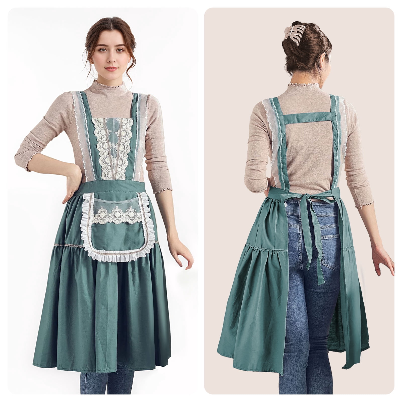 FEOYA Women Baking Apron Cotton Vintage Apron Kitchen Apron with Pockets Chef Lace Aprons Dress for Cooking Baking Gardening Work Cake Green