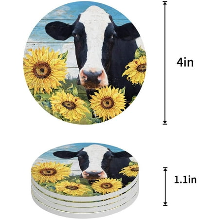 

ZHANZZK Yellow Sunflower Cute Farm Cow on Wood Plank Set of 4 Round Coaster for Drinks Absorbent Ceramic Stone Coasters Cup Mat with Cork Base for Home Kitchen Room Coffee Table Bar Decor