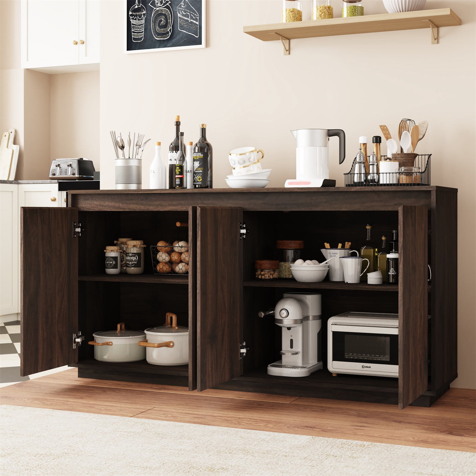 Hommoo Wood Sideboard Buffet Cabinet with Power Outlet, Wavy Vertical Texture Accent Cabinet, Multifunctional 2-Tier Storage Cabinet Credenza for Home, Office, Walnut