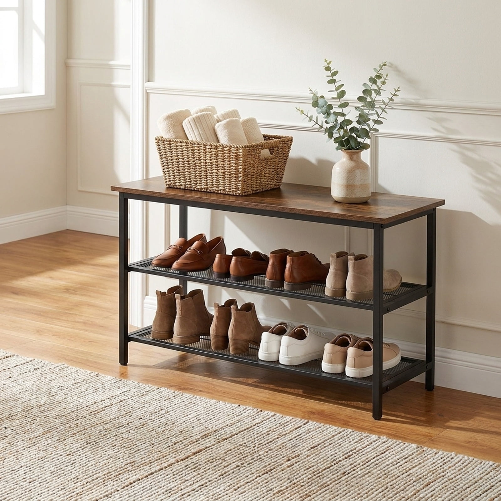 Furnibear 3 Tier Shoe Rack Bench with Metal Slat Shelves and Long Wooden Seat for Entryway Hallway Shoe Storage Bench, Rustic Brown