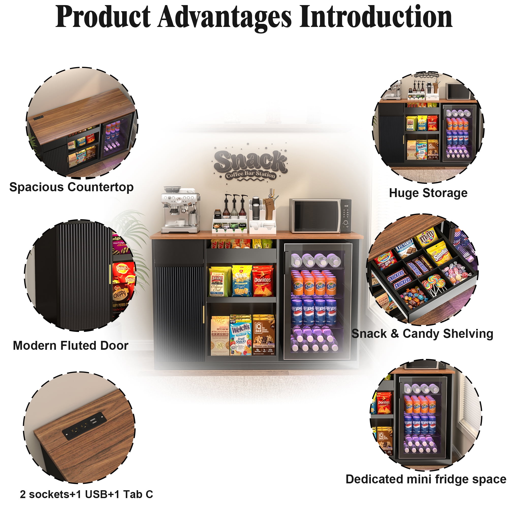 GDLF Snack Bar Cabinet with Fridge Space, Snack Organizer with Storage and Candy Display Shelf, Coffee Station for Home Theater or Game Room, 51.2", Black