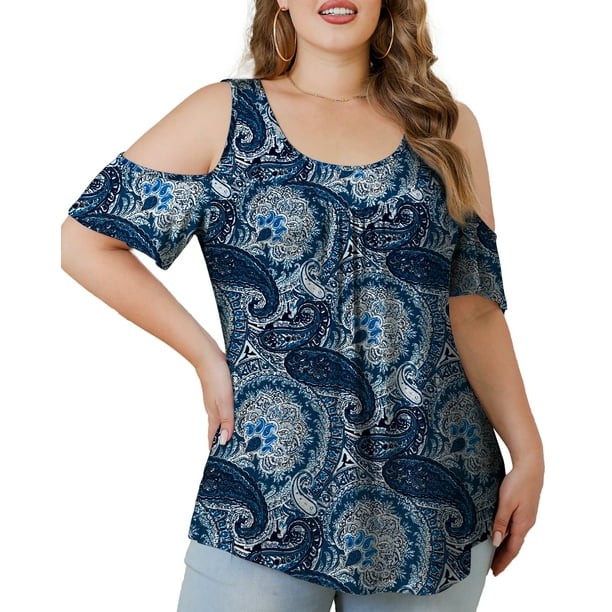 a.Jesdani Women's Plus Size Tunic Tops Casual Cold Shoulder Short