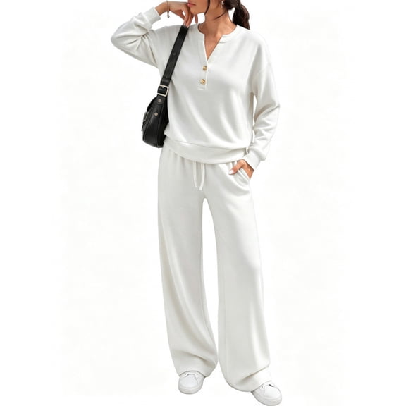 Women Henley Sweatshirt Wide Leg Pants 2 Piece Loungewear Tracksuit Soft Light Terry Knit Matching Outfit, S
