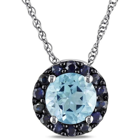 Tangelo 1-1/3 Carat T.G.W. Blue Topaz and Sapphire 10kt White Gold Halo Pendant, 17