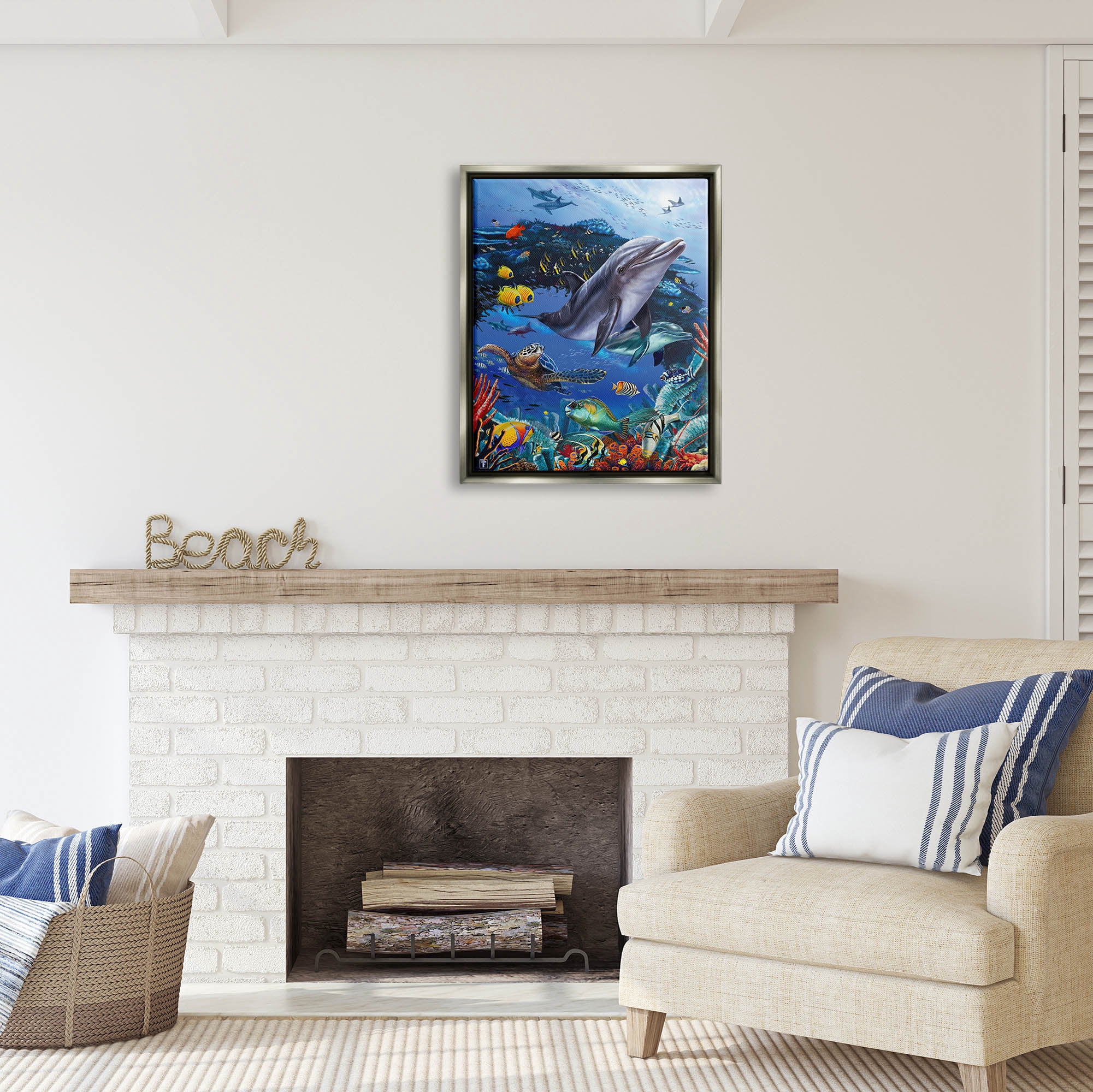 Stupell Industries Vivid Underwater Sea Life Coastal Painting Gray Floater Framed Art Print Wall Art