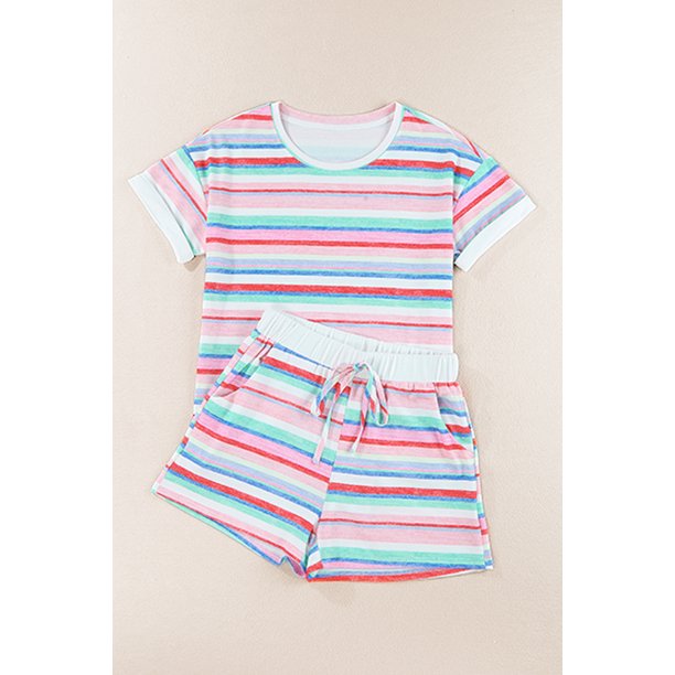 ABPHQTO Conjunto de camiseta y shorts enrollables de rayas multicolor para mujer
