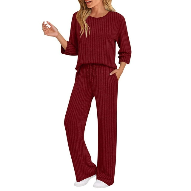 TACILIP Ensembles de Détente 2 Pcs pour Femmes Vêtements d'Automne Col Ras du Cou Hauts à Manches 3/4 et Pantalons à Jambe Grand à Cordon avec Poches Ensembles de Voyage de Printemps Ensembles de Pyjamas, Cadeaux d'Anniversaire