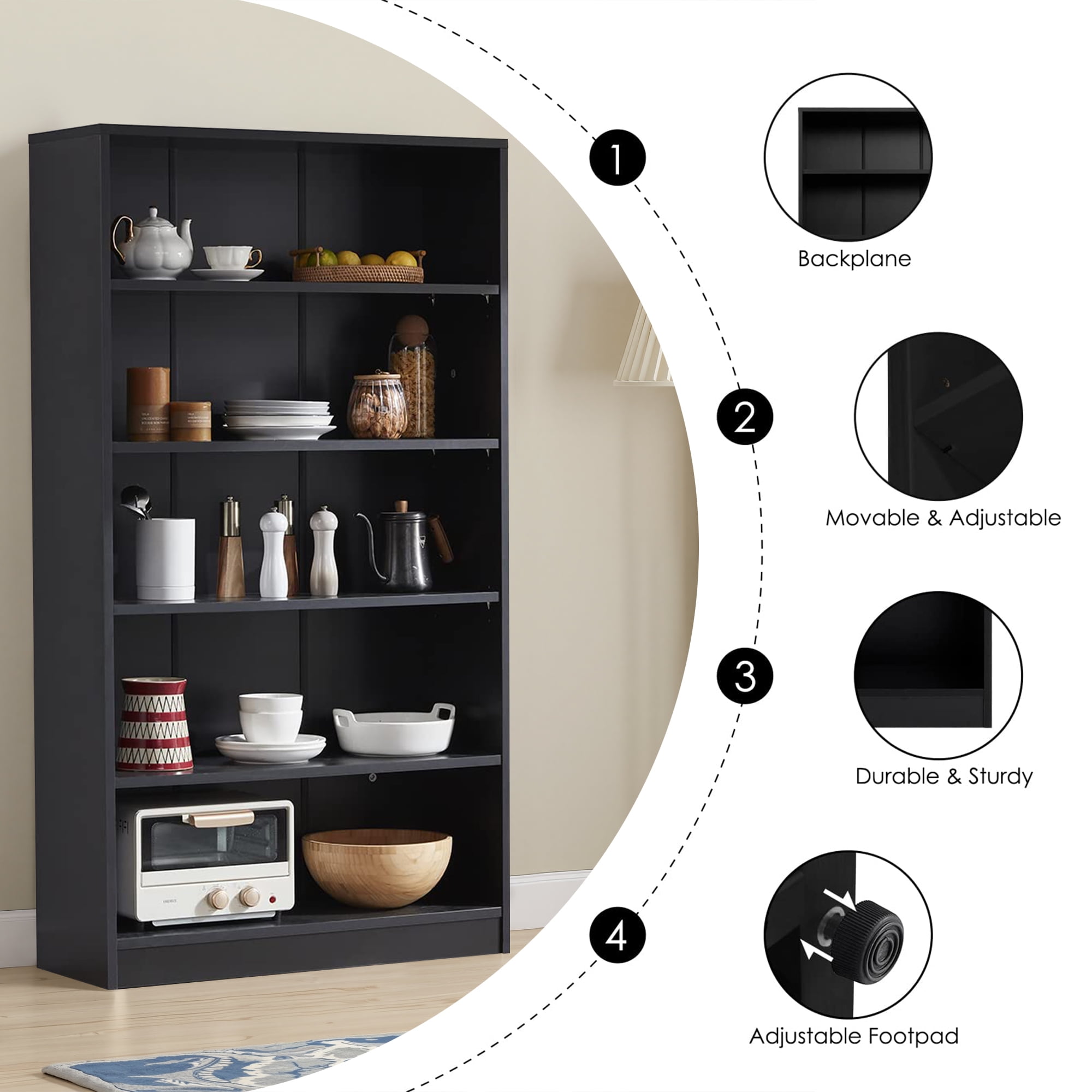 MAYEERTY Black 4-Shelf Modern Wood Bookcase, 48" Tall, for Bedroom, Living Room, and Manga Library