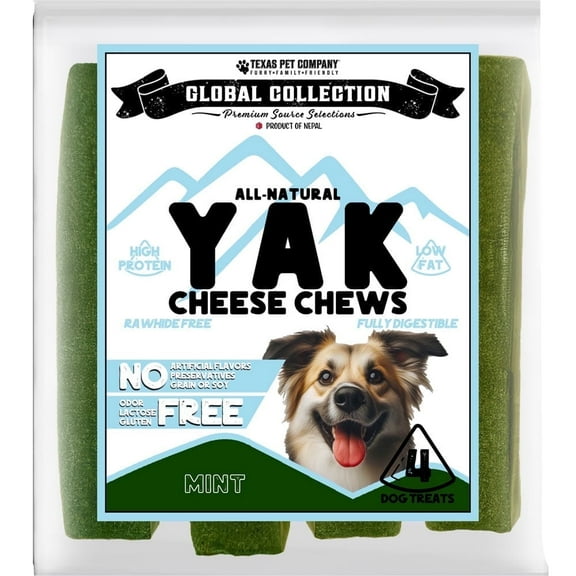 Texas Pet Company Global Collection Mint Flavor Yak Cheese Chew Treats for Dogs, Large Bag (4 Pack)