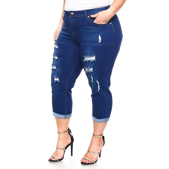 Jack David Women's Plus Size Cuff Rolled Capri Curvy Blue Denim Distressed Jeans