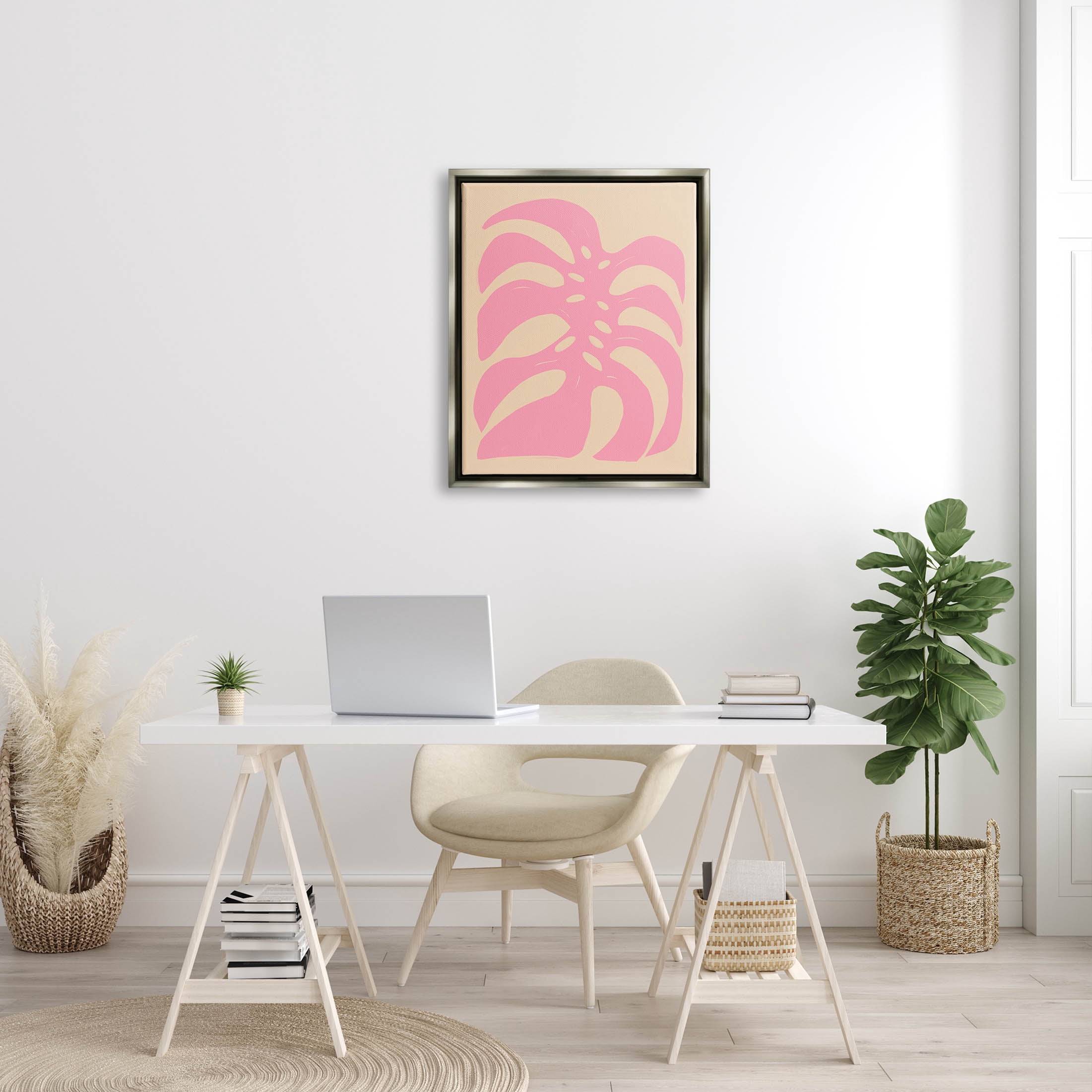 Stupell Industries Pink Tropical Leaf Shape Graphic Art Luster Gray Floating Framed Canvas Print Wall Art, Design by Birgit Maria Kiennast