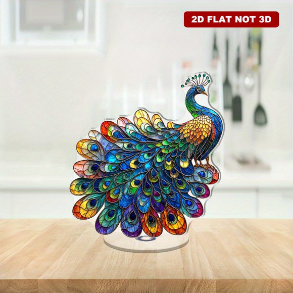 Rotating acrylic display features a colorful peacock design on a white background with shimmering rainbow light in ultra HD detail