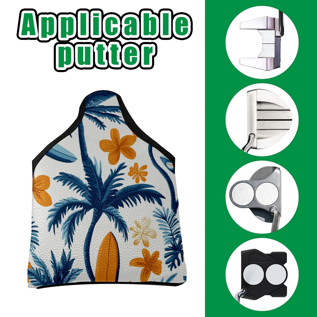 Golf Mallet Putter Cover Premium Leather Waterproof Golf Putter Head Cover with Magnetic Closure Surfboard Palm Tree
