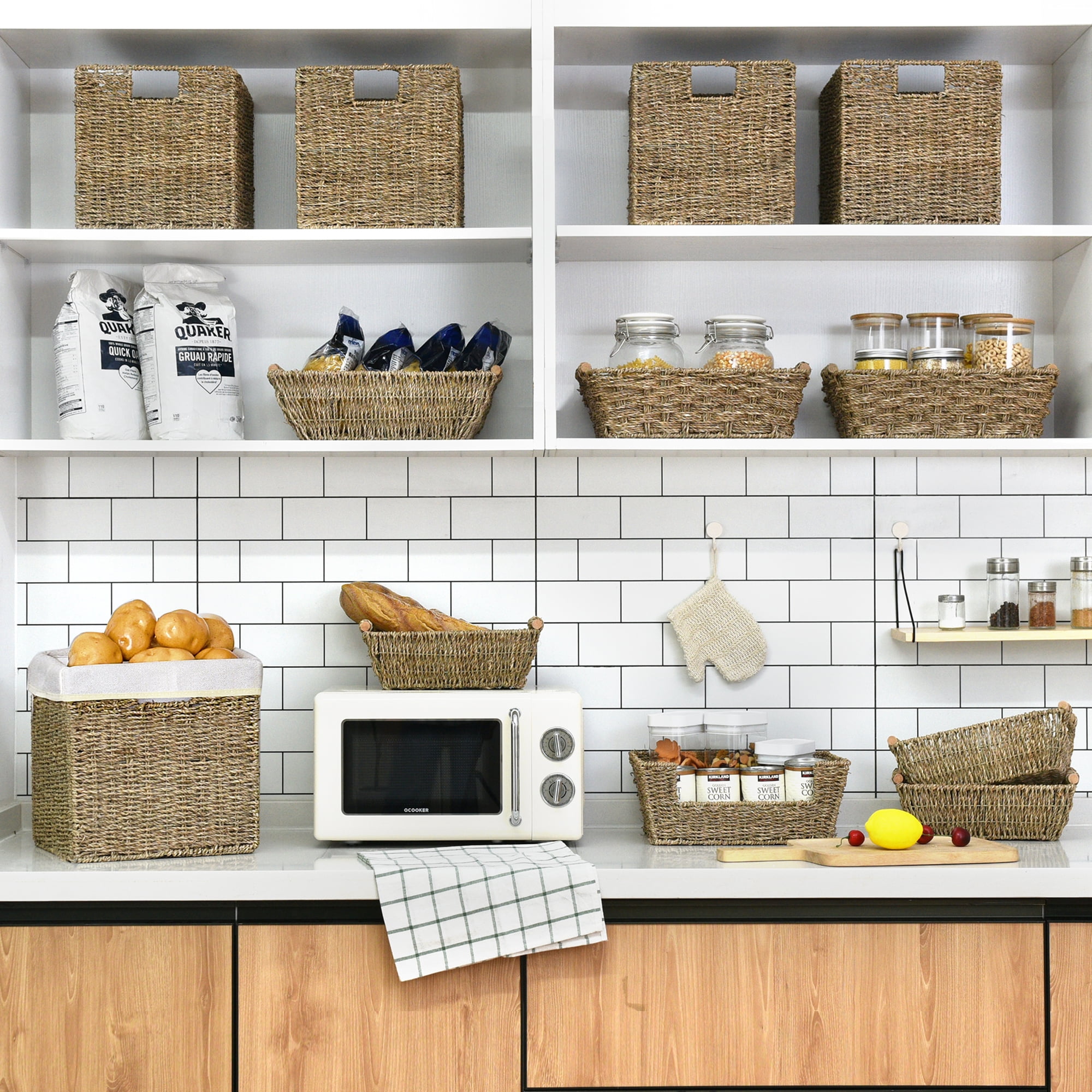 StorageWorks Natural Seagrass Storage Basket, Wicker Woven Storage Baskets with Liners, 2-Pack, Medium, 10.2"x10.2"x10.6