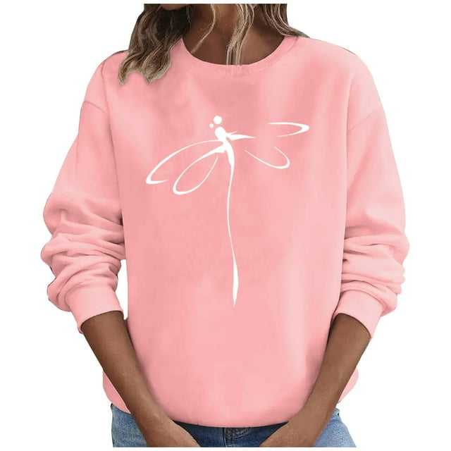 Penkiiy Blouses pour Femmes Hauts d'Automne Manches Longues Chandail Ample Chemise Décontractée Imprimé Poitrine Col Rond Chandails en Molleton Rose Vêtements Y2K