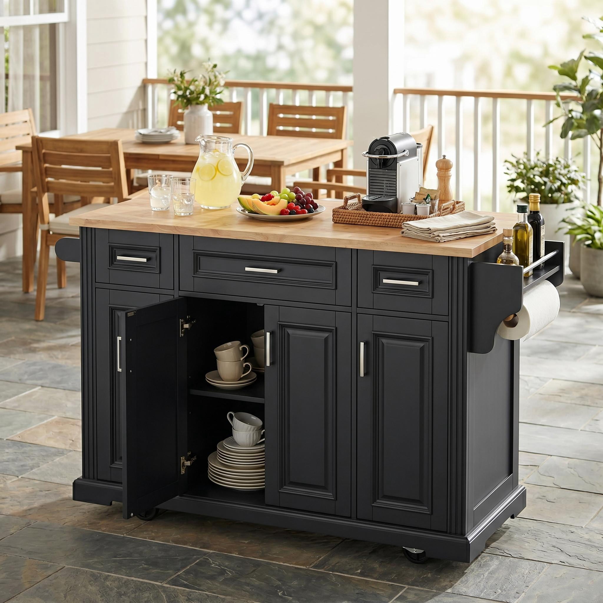 Homy Casa Rolling Kitchen Island Cart with 3 Drawers, 4-Door Storage Cabinet, Side Rack & Wheels, Black/Natural, for Kitchen, Dining Room, Coffee Bar