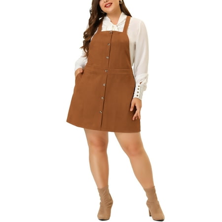 MODA NOVA Juniors Plus Size High Waist A-Line Suede Overall Suspender Dress 2X Brown