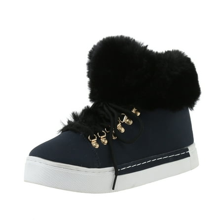 

SEMIMAY Ladies Fashion Solid Leather Lace Up Short Boots Warm Plush Flat Snow Boots Black
