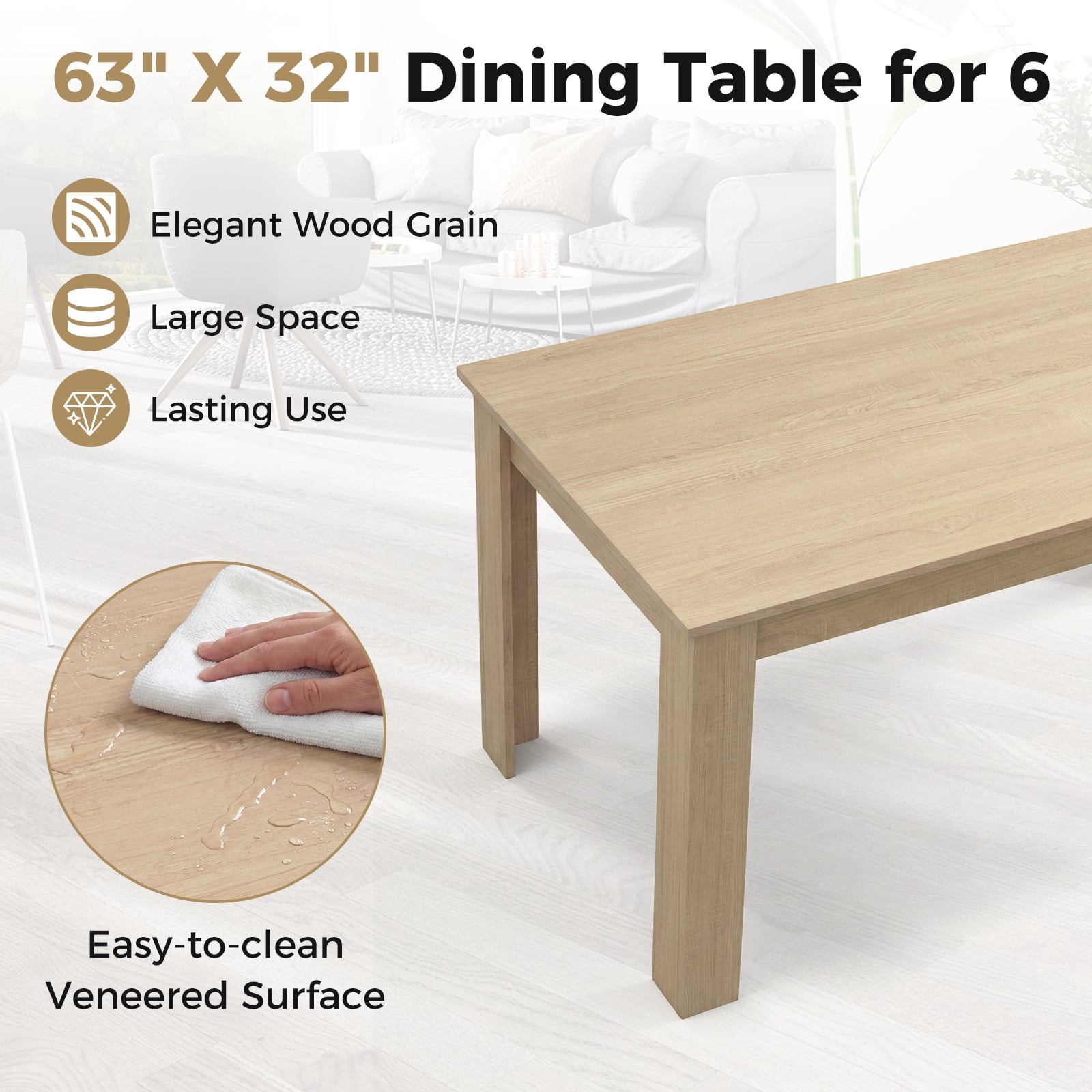 Costway 63" Dining Table Rectangular Modern Kitchen Table For 6 People Home Furniture Oak